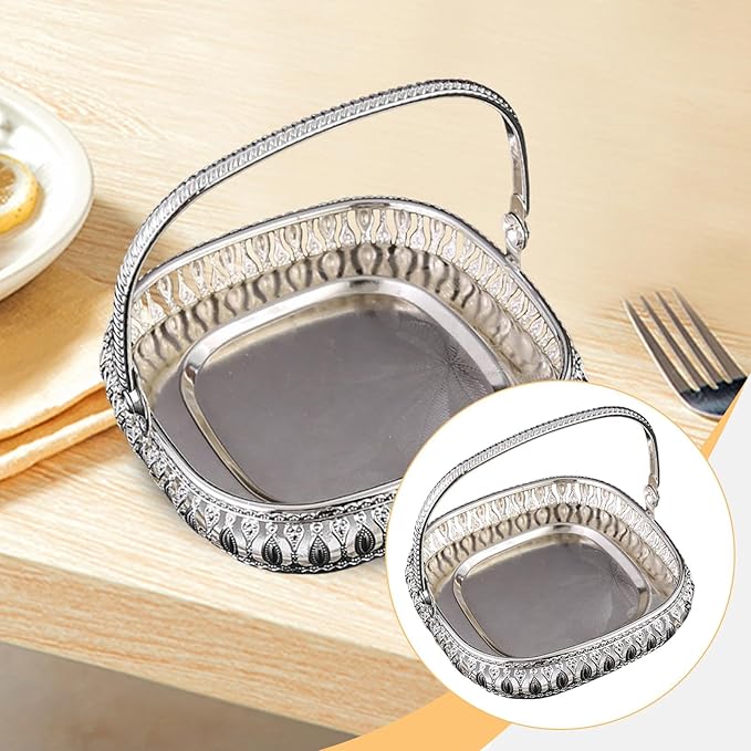 Retro Square Fruit Tray with Handle, Candy Serving Plate, Dry Nut Dish, Snack Dessert Storage Plate, Decorative Fruit Bowl for Parties, Family Gatherings, Bars and Cafes