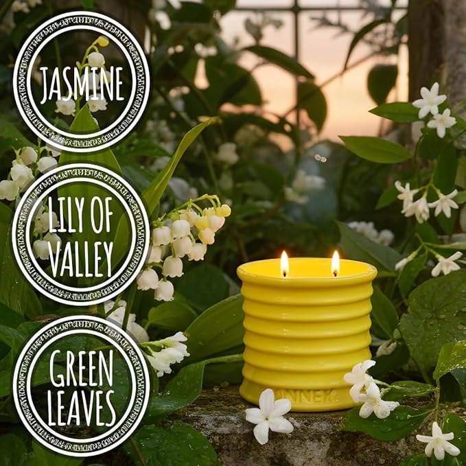 Scented Luxury Candles in Handmade Ceramic Jars, Soy Wax | Flower Bomb – Lily of The Valley & Jasmine, Large Candle | Non Toxic, 2 Wicks, Reusable Yellow Jar | Natural Spring Aromatherapy for Women