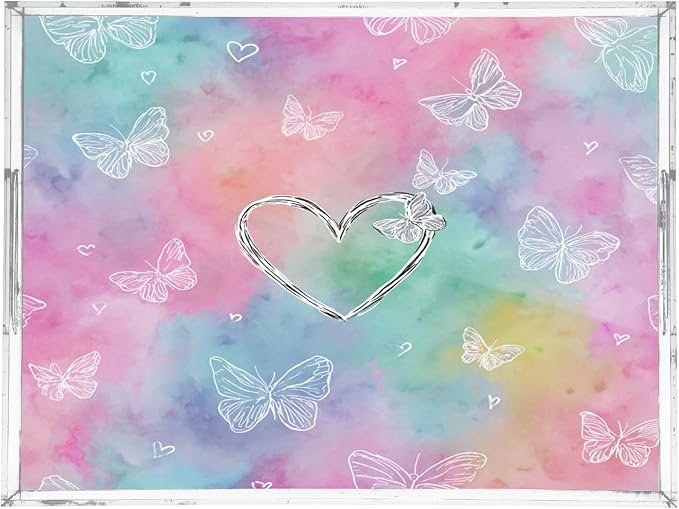 Serving Tray with Handles Clear Acrylic Tray 12x16 Inch Decorative Rectangular Tray Organizer for Ottoman Coffee Table Bathroom Tie Dye Heart Butterflies