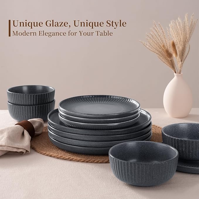Famiware Starlight Plates and Bowls Dishes Set of 8 (24 Pieces), Ribbed Textured Stoneware Dinnerware Sets- Dishwasher & Microwave Safe, Chip Resistant, Matte Midnight Grey