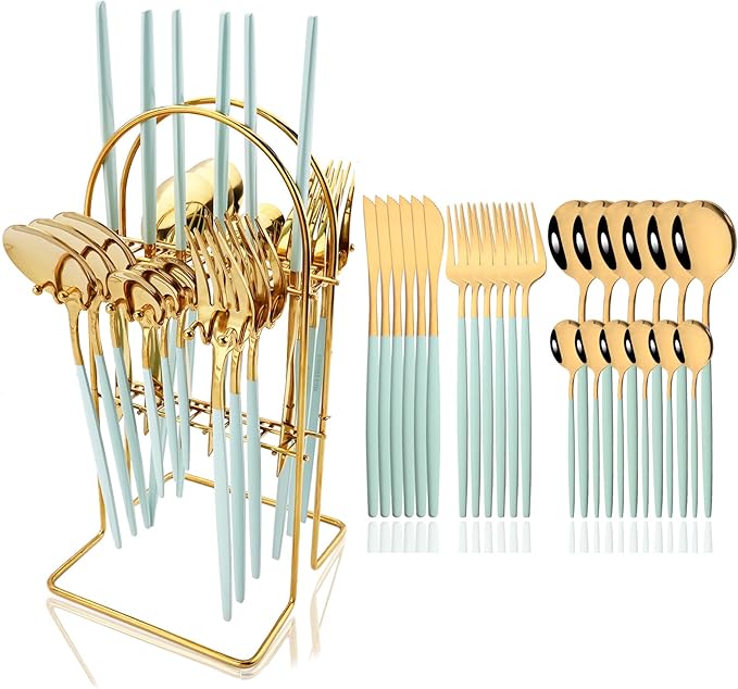 JASHII Mint Green and Gold Hanging Flatware Set Include Knife Fork Spoon Teaspoon and Stand, 24pcs Stainless Steel Utensils Set Service for 6,Modern Design & Mirror Polished, Great Gift