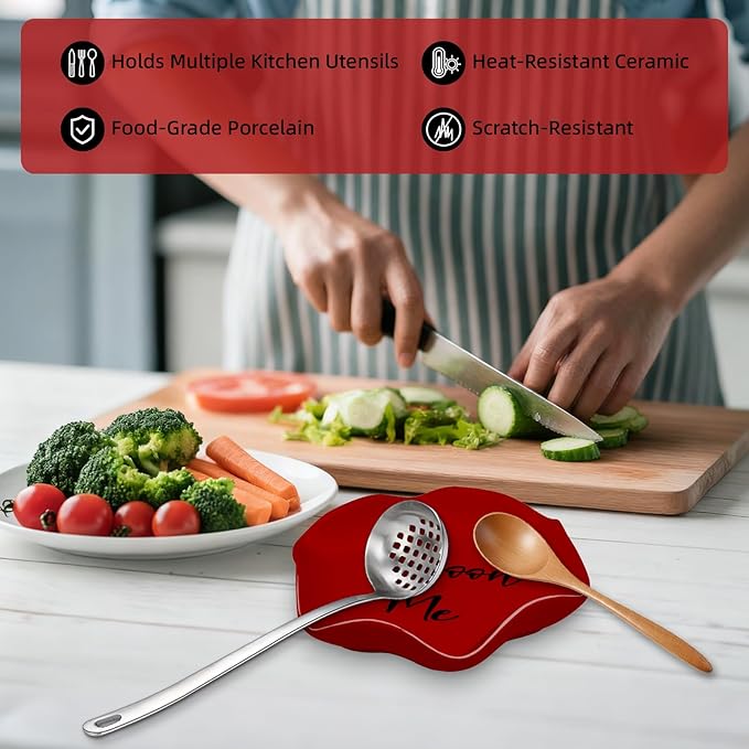 Funny Ceramic Spoon Rest for Kitchen Counter Stove Top, 5.8 Inch Heat-Resistant Utensil Holder for Cooking, Spoons, Ladles, Tongs, Cute Kitchen Decor, Housewarming Gift for Women Men (Red)