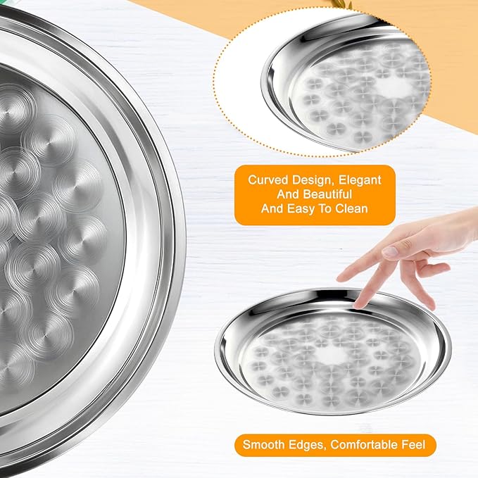 12 Pack Stainless Steel Round Serving Tray with Swirl Pattern Bulk Large Round Tray Silver Metal Display Serving Platter for Coffee Party Club Home (12 Inch)
