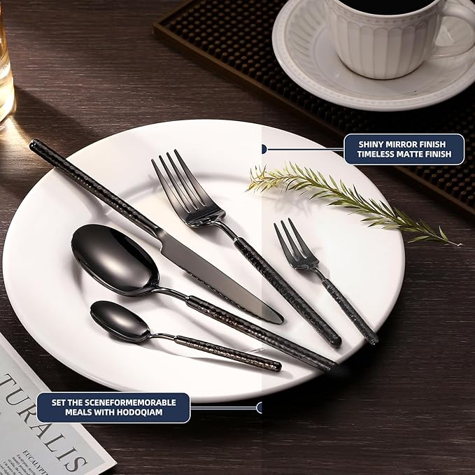 20-Piece Silverware Set, Stainless Steel Flatware Set for 4, Modern Hammered Utensil Tableware Set Include Dinner Knife/Fork/Spoon, Mirror Finish, Dishwasher Safe (10, black)
