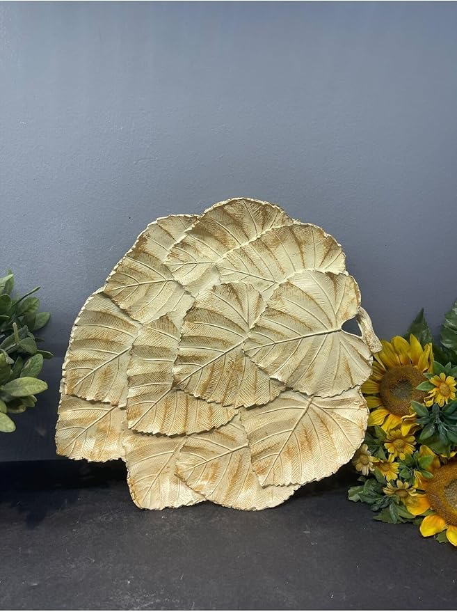 Leaf Serving Tray Decorative Polyester Silver Black Antique Finish, Abstract Home Decor, Tabletop Ornament, One Size - Cream Gold Antique Finish, One Size