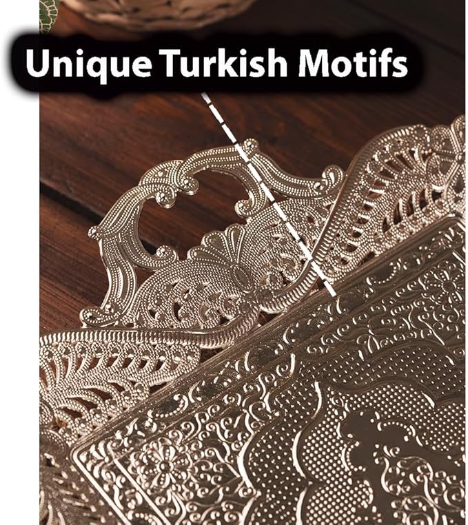 Silver Metal Turkish Coffee Tea Serving Tray Table Decor Decorative Handle Rectangular Home Kitchen Brass Style Fancy Antique Silver Vintage Outdoor Wedding Rectangle Decor Unique Tray