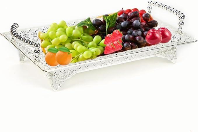 Rectangle Metal Fruit Tray, Vintage Serving Tray with Handle,Party Decorative Food Dessert Storage Plate for Kitchen Countertop Party Wedding,Sliver