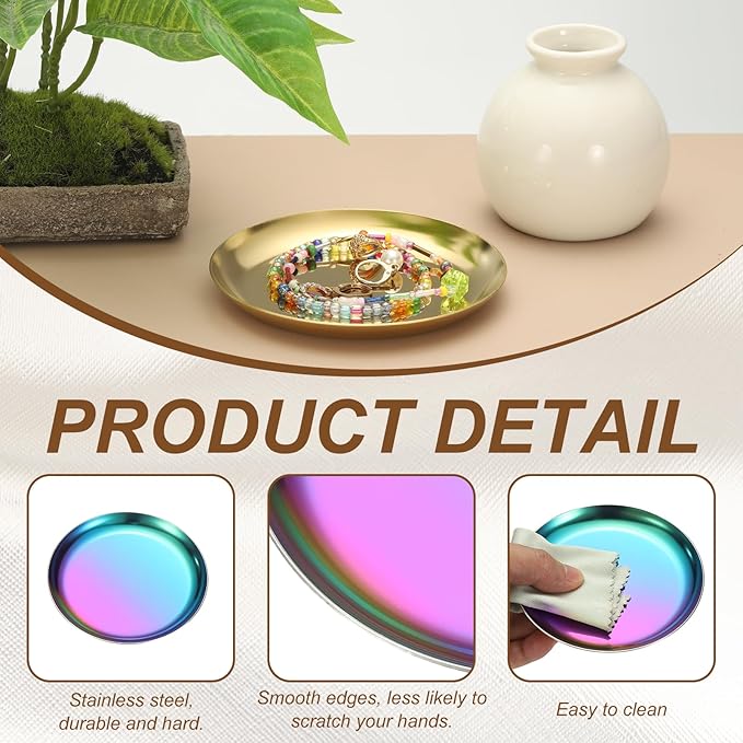uxcell Round Serving Trays, 3.94" Stainless Steel Decorative Jewelry Dish, Small Vanity Tray for Bathroom Aromatherapy Candle Drink Plate,Titanium