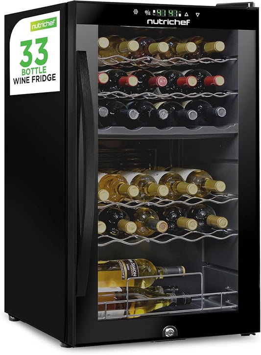 Nutrichef 33 Bottle Wine Fridge | Dual Zone Wine Cooler | Adjustable Temperature Control 41°F to 64°F | Ultra Quiet Operation | Freestanding Wine Chiller for Home & Office | 33x19x17 IN