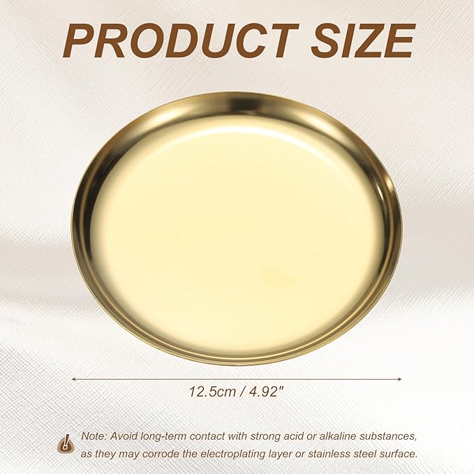 uxcell Round Serving Trays, 4.92" Stainless Steel Decorative Jewelry Dish, Small Vanity Tray for Bathroom Aromatherapy Candle Drink Plate,Gold