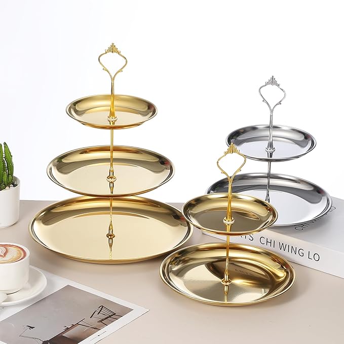 uxcell 1 Set 3-Tier Cupcake Stand Holder, Round Tiered Serving Tray Stainless Steel Cup Cake Stand for Dessert Fruit Table Birthday Party Decoration Display, Silver