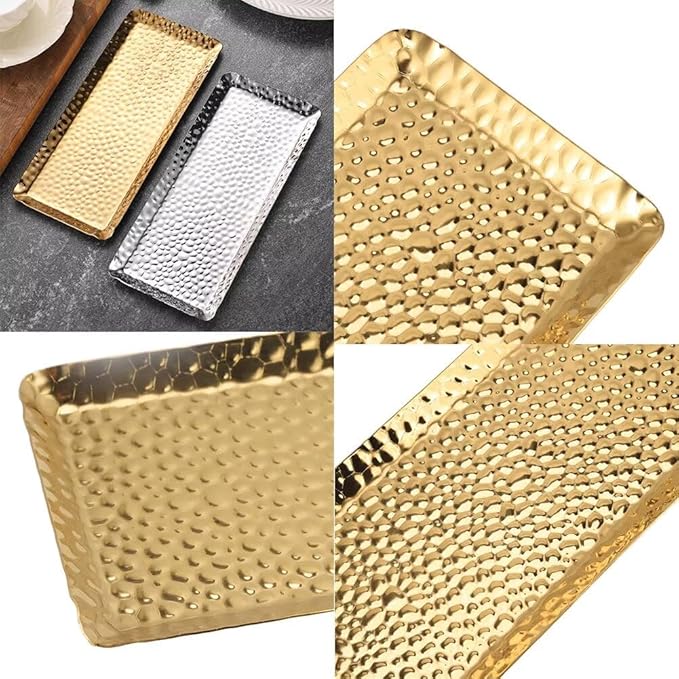 Decorative Tray Stainless Steel Serving Trays Hammered Rectangular 9.8 x 4.3 Inch Dessert Plates Reusable Fruit Stand for Living Room Kitchen Gold