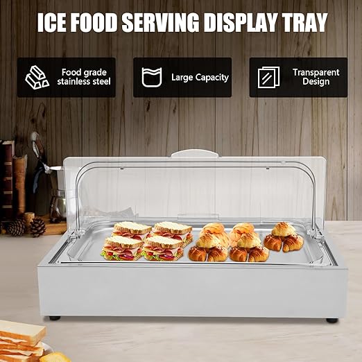 Cold Food Buffet Server, 6L Stainless Steel Ice Food Serving Display Tray with Clear Roll Top PC Cover and Ice Box, Countertop Chilled Serving Tray Platter for Fruit Party Buffet Silver