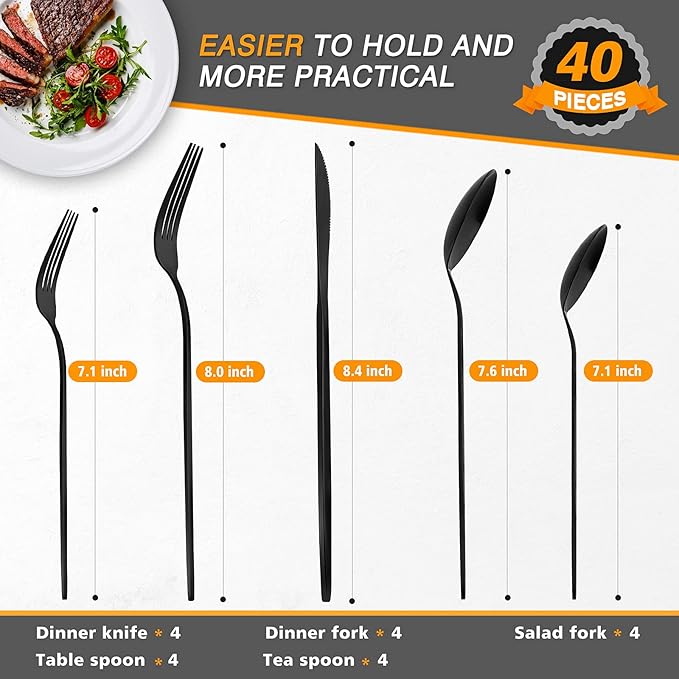 40 Pieces Silverware Set，Matte Black Stainless Steel Flatware Cutlery Set Service for 8, Stain Finish Kitchen Utensil Set，Include Dinner Knives Forks and Spoons Silverware, Dishwasher Safe