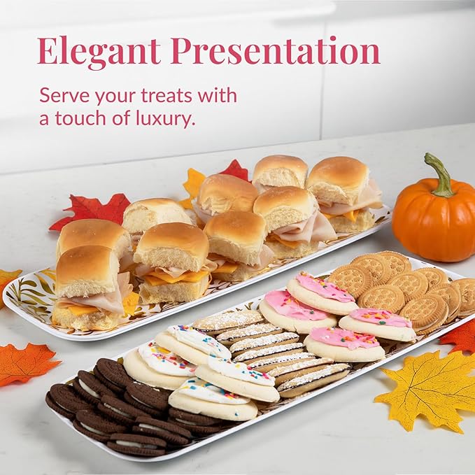 Prestee 3 Pack Gold Plastic Serving Trays for Party - 13 x 9 Inch Elegant Serving Platters for Food, Desserts, and Appetizers - Durable, Disposable Trays for Weddings, Holidays, Buffets, and Events