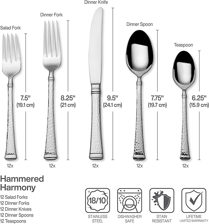 Mikasa Hammered Harmony 18.10 Stainless Steel 65-Piece Cutlery Set, Service For 12