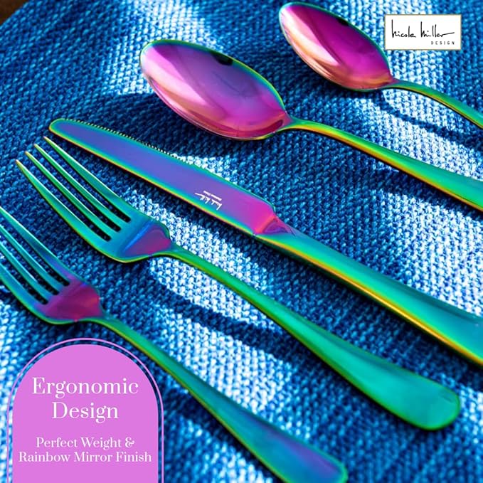 Nicole Miller 20-Piece Rainbow Flatware Set - Modern Stainles Steel Kitchen Utensils For A Stylish Dining, Service for 4