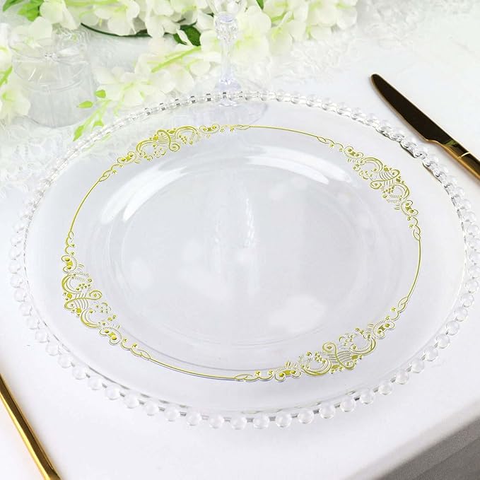 10" Dinner Plates -Set of 30 - Plastic Clear Gold Round Baroque Disposable Chargers Leaf Embossed Rim, Ideal for Dinner Party Wedding Bulk Events