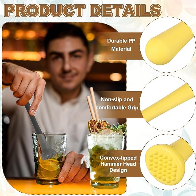 uxcell Cocktail Muddler, 8 Inch PP Drink Muddler Bar Accessories Tools Ice Crusher for Home Party Cocktail Fruit Drinks, Yellow (Thin)