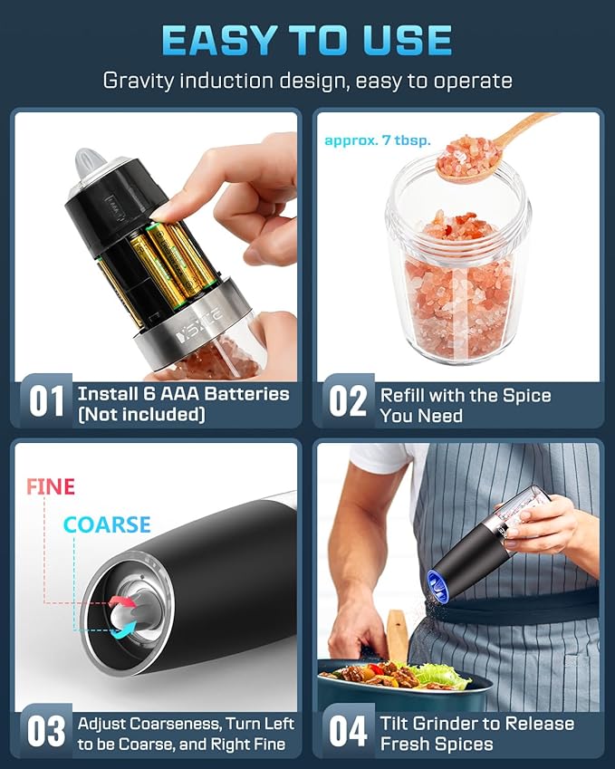 XinXu Gravity Electric Pepper and Salt Grinder Set, Adjustable Coarseness, with LED Light, One Hand Automatic Operation (Set/Black X)