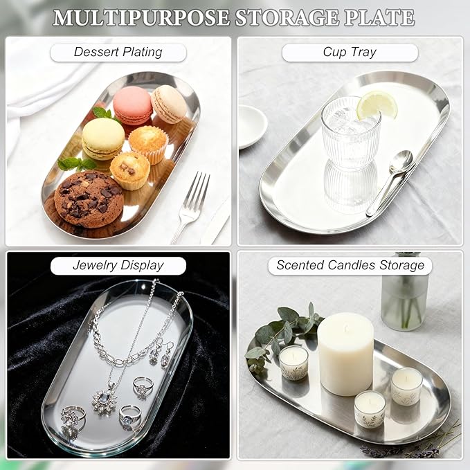 2 Pack Stainless Steel Silver Decorative Tray, Small Oval Perfume Jewelry Candle Dish, Dinner Macarons Dessert Plate for Home Entry Decor Bathroom Kitchen Storage