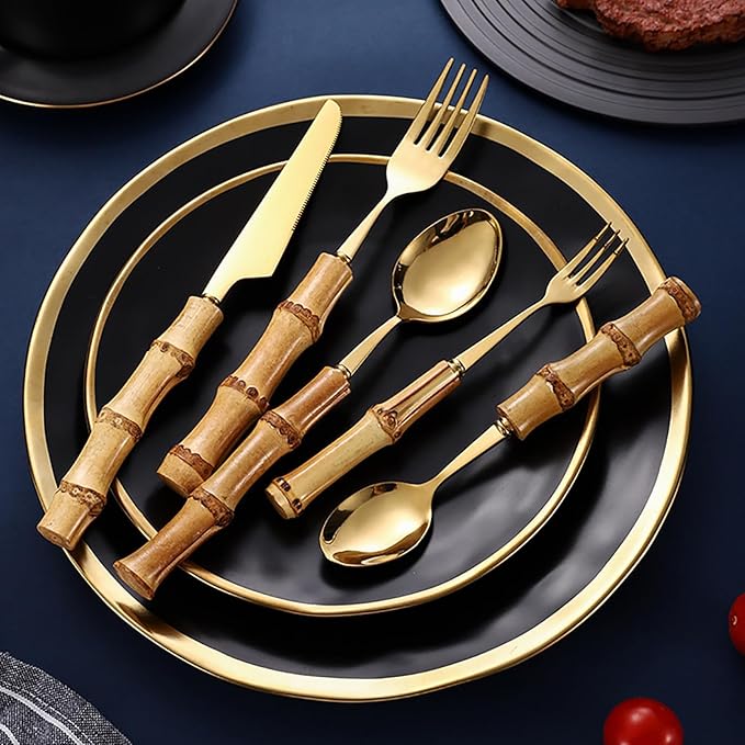 40-piece bamboo flatware cutlery set for 8, gold bamboo handle silverware set, 18/8 stainless steel cutlery set reusable with forks and spoons, dishwasher safe