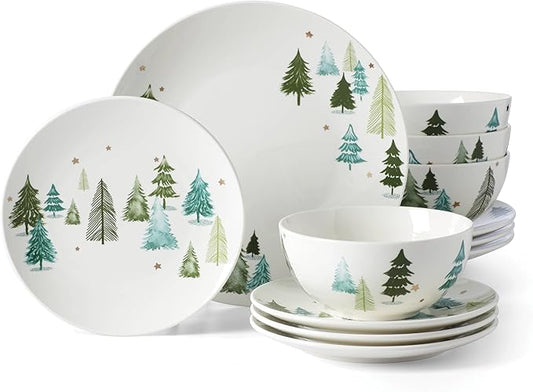 Lenox Dinnerware, Balsam Lane 12-Piece Dinnerware Set, Service For 4, Porcelain, Dishwasher & Microwave Safe, Plates & Bowls Sets, Christmas, Holiday Hosting, Home and Kitchen (White/Green, 12 Piece)