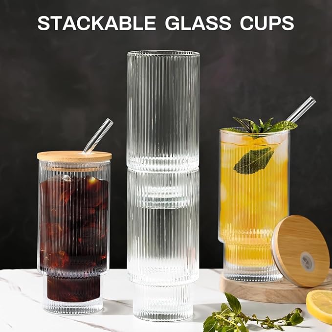 AFINSEA 16OZ Ribbed Glass Cups with Lids and Straws,Iced Coffee Cups with Lid,Vintage Glassware for Whiskey Cocktail Beer Fruit Juice Glasses Tumbler(1Pack)