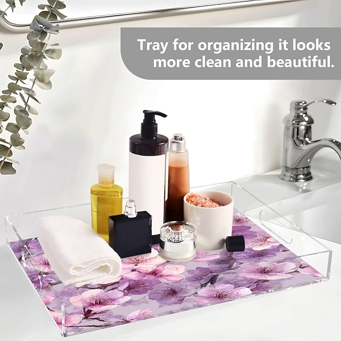 Serving Tray with Handles Clear Acrylic Tray 12x16 Inch Decorative Rectangular Tray Organizer for Ottoman Coffee Table Bathroom Pink and Purple Cherry Blossom