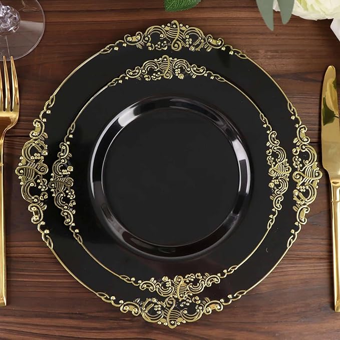8" Salad Plates -Set of 30 - Plastic Black Round Baroque Disposable Chargers Leaf Embossed Rim, Ideal for Dinner Party Wedding Bulk Events