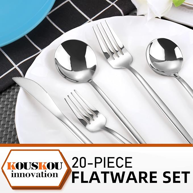 Silverware Set, Stainless Steel 20 Piece Flatware Sets Service for 4, Cutlery Utensil Set, Mirror Polished, Include Fork Knife Spoon Set, Dishwasher Safe