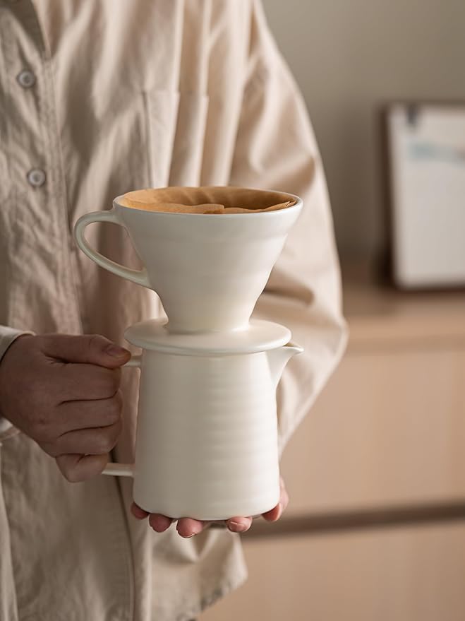 Pour Over Coffee Maker, Ceramic Coffee Maker With 40 pcs Paper Filter,15oz/450ml Pour Over Coffee Dripper (White, V02)