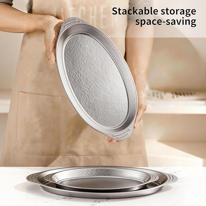 ZING TII 3 Pcs Pure Titanium Serving Tray Large Oval Platter Set, Silver Sizzle Plate for Fish Dessert Meat Sushi Birthday Wedding