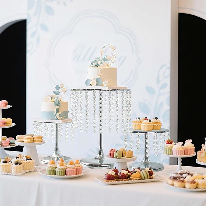 Metal Mirror Cake Stand Set with Crystal Pendants - Elegant Dessert Table Display for Weddings, Birthday Parties, Baby Showers, Events - Sturdy Crystal Bling Cupcake Stands for Pastries, Sweets, Decorations (Silver, Set of 3)