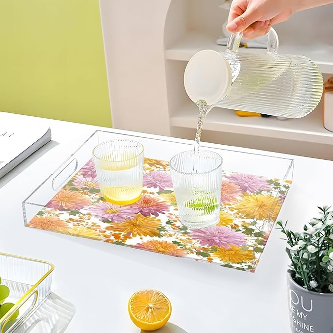Serving Tray with Handles Clear Acrylic Tray 12x16 Inch Decorative Rectangular Tray Organizer for Ottoman Coffee Table Bathroom Pretty Chrysanthemum Flower
