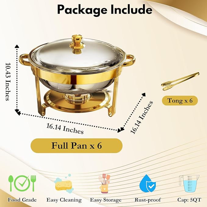 Gold Chafing Dishes for Buffet Set of 6, 5QT Round Chafing Dish Buffet Set, Chafer and Buffet Warmer Set, Stainless Steel Food Warmer for Parties Buffet, Party Food Warmer Buffet Set with Tongs