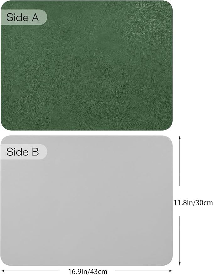 Faux Leather Placemats Set of 6, Vinyl Placemats Wipeable Waterproof Oil-Proof Table Mats, Heat Resistant Place Mats for Kitchen Indoor Outdoor, 16.9 x 11.8 Inch (Green/Grey)