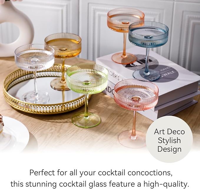 Cyrelwing Colored Coupe Glasses Set of 6 Vintage Art Deco Colorful Champagne Coupe glasses 9 oz,Ribbed Martini Cocktail Glasses|Colored Cocktail Glasses Set for Espresso,Martini,Champagne