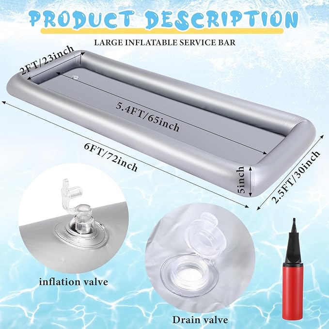 Large Inflatable Serving Bar 72 x 30 x 5'' Inflatable Ice Serving Buffet Bar with Drain Plug for Pool Outdoor Party Picnic (Silver, 1 Pack)