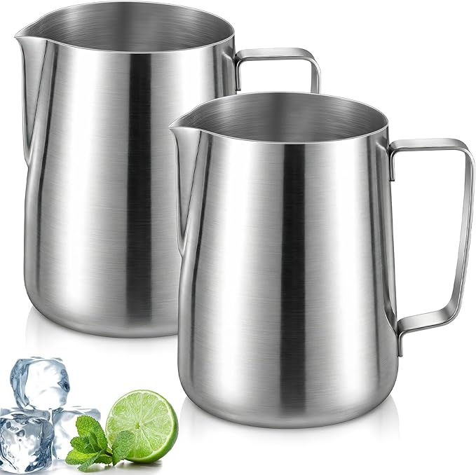 2 Pack Stainless Pitcher, 67 oz Milk Frothing Jug with Handle and Pour Lip, Heavy Duty Metal Pitcher for Iced Tea Hot Cold Water, 2000ml (8 Cup)