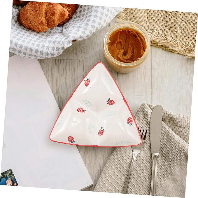 VALICLUD Ceramic Triangular Divided Plate Cute Strawberry Pattern Creative Design for Serving Snacks Appetizers and Meals for Family Use Easy to Clean Charming Table Decor