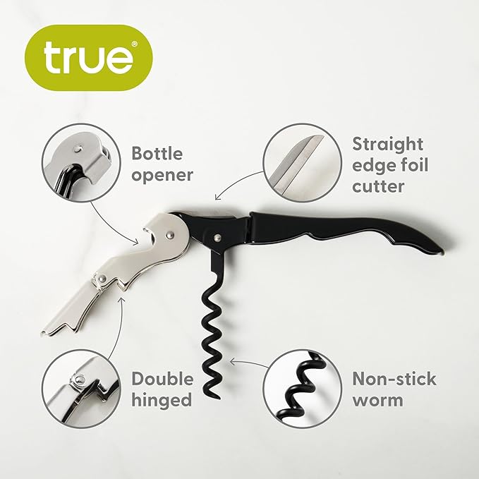 True Truetap Double Hinged Waiter's Corkscrew Wine Opener, Stainless Steel Wine Bottle Opener with Built In Foil Cutter, Home Bar Tools, Bar Cart Accessories, Wedding Gifts, Set of 1, Black Silver