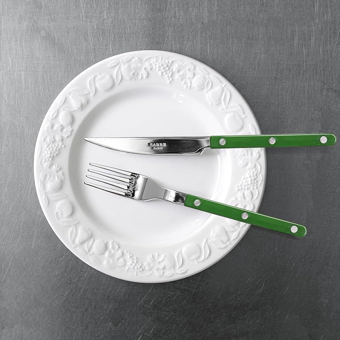 SABRE PARIS - 5-Piece Flatware Set - Bistrot Collection - Knife, Fork, Soup Spoon, Teaspoon & Dessert Fork - Stainless Steel & Nylon - Dishwasher Safe - Green - Brilliant Finish