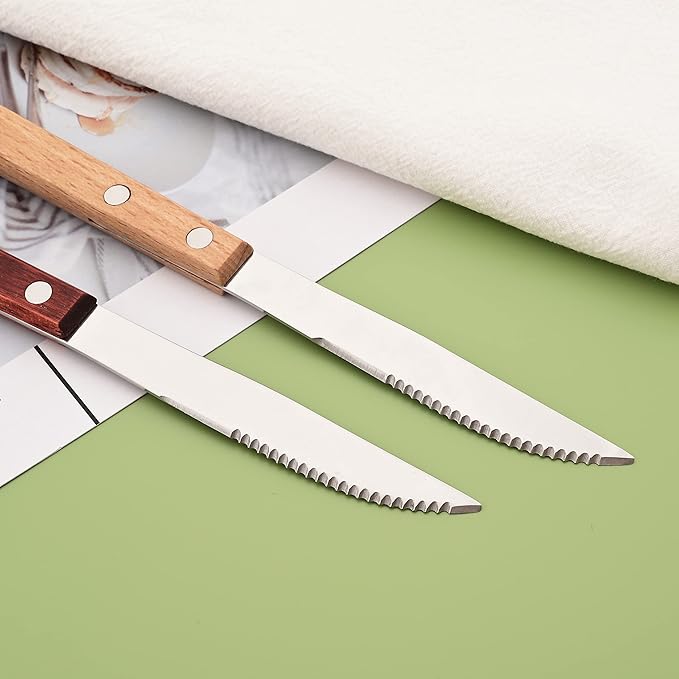 Dinner Knives Set of 8, Steak Knife with Wooden Handle, Stainless Steel Serrated Steak Knives, Flatware Cutlery Table Knife, Thick-Grip Wood Handle Steak Knife Set - 8.15 Inch
