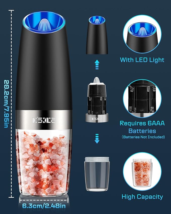 XinXu Gravity Electric Pepper and Salt Grinder Set, Adjustable Coarseness, with LED Light, One Hand Automatic Operation (Set/Black X)