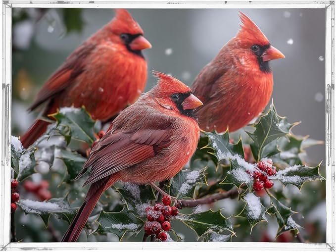 Serving Tray with Handles Clear Acrylic Tray 12x16 Inch Decorative Rectangular Tray Organizer for Ottoman Coffee Table Bathroom Winter Birds Holly