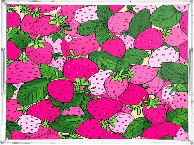 Serving Tray with Handles Clear Acrylic Tray 12x16 Inch Decorative Rectangular Tray Organizer for Ottoman Coffee Table Bathroom Pink Cute Strawberries