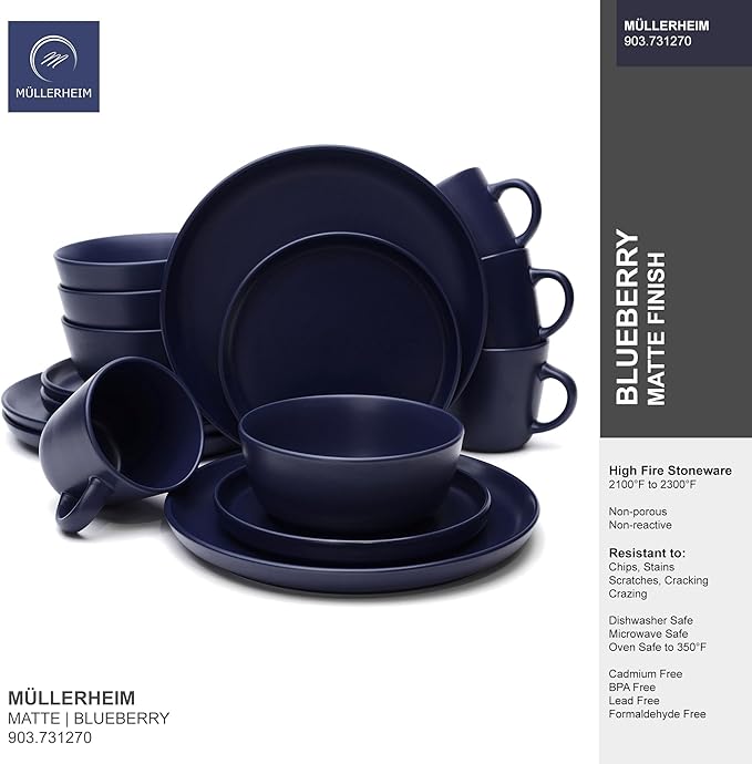 MÜLLERHEIM 903 Minimalist Collection 16-Piece Contemporary Ceramic Stoneware Dinnerware Sets for 4, Blueberry Plates and Bowls sets, Dinner Plates Set, Salad Dish Set, Bowls, Cup