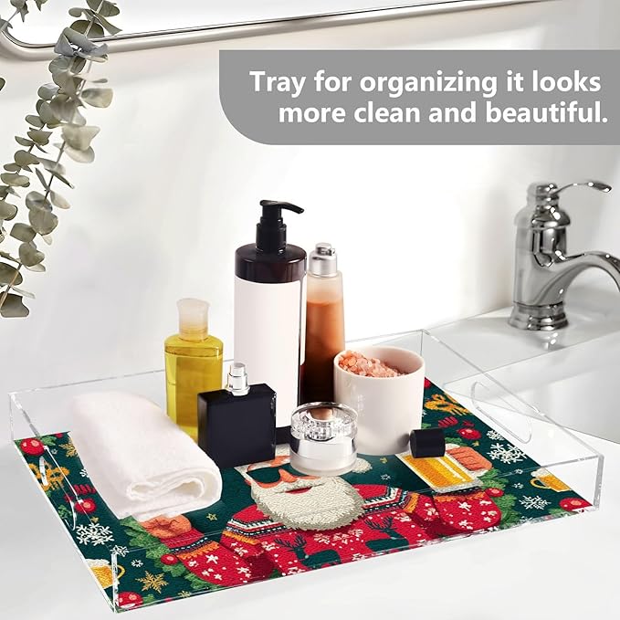Serving Tray with Handles Clear Acrylic Tray 12x16 Inch Decorative Rectangular Tray Organizer for Ottoman Coffee Table Bathroom Christmas Santa Claus Snowflakes Green