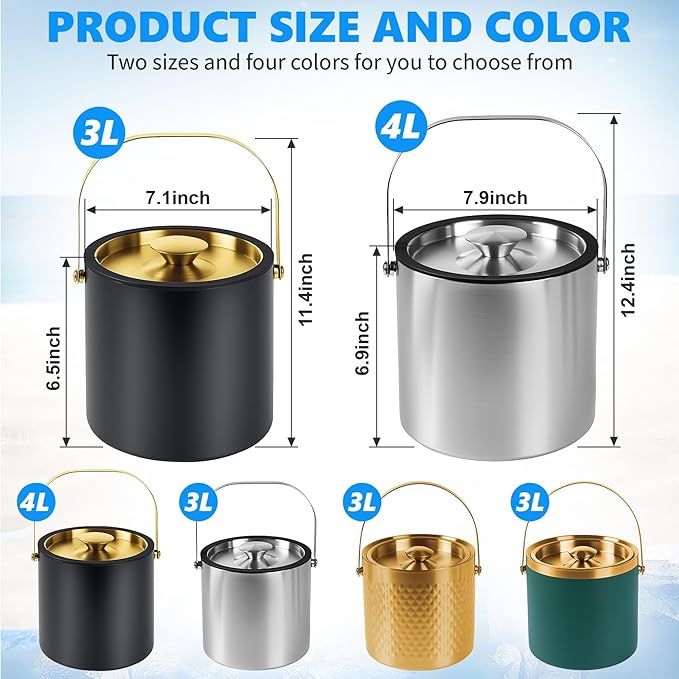 Ice Bucket, Ice Bucket with Silicone Sealing Ring Double-Wall Vacuum Insulation Champagne Buckets with Filter Layer Ice Tongs Ice Scoop (Green, 4 L)
